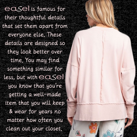 EASEL "SUPER COZY" Mineral Washed Distressed Seams Long Sleeved Top W/Side Slits - Picture 4 of 13